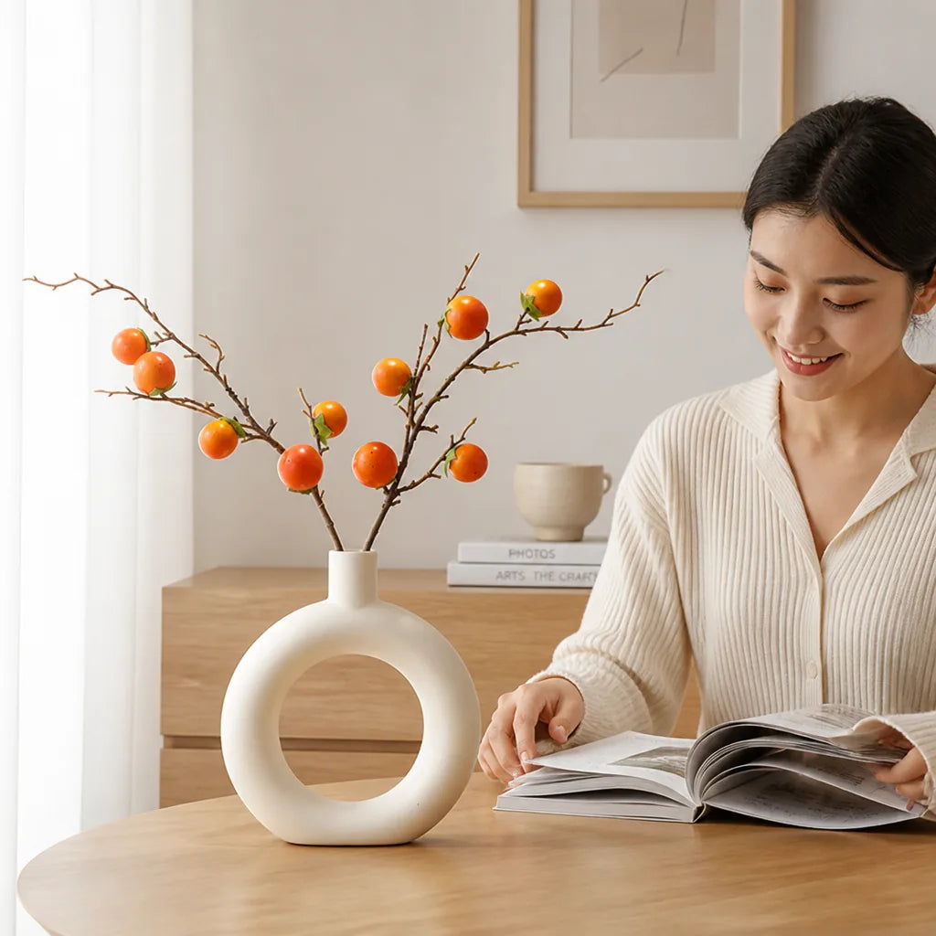 Fruit Branch Arrangement Lifelike Orange Accents Glass Vase