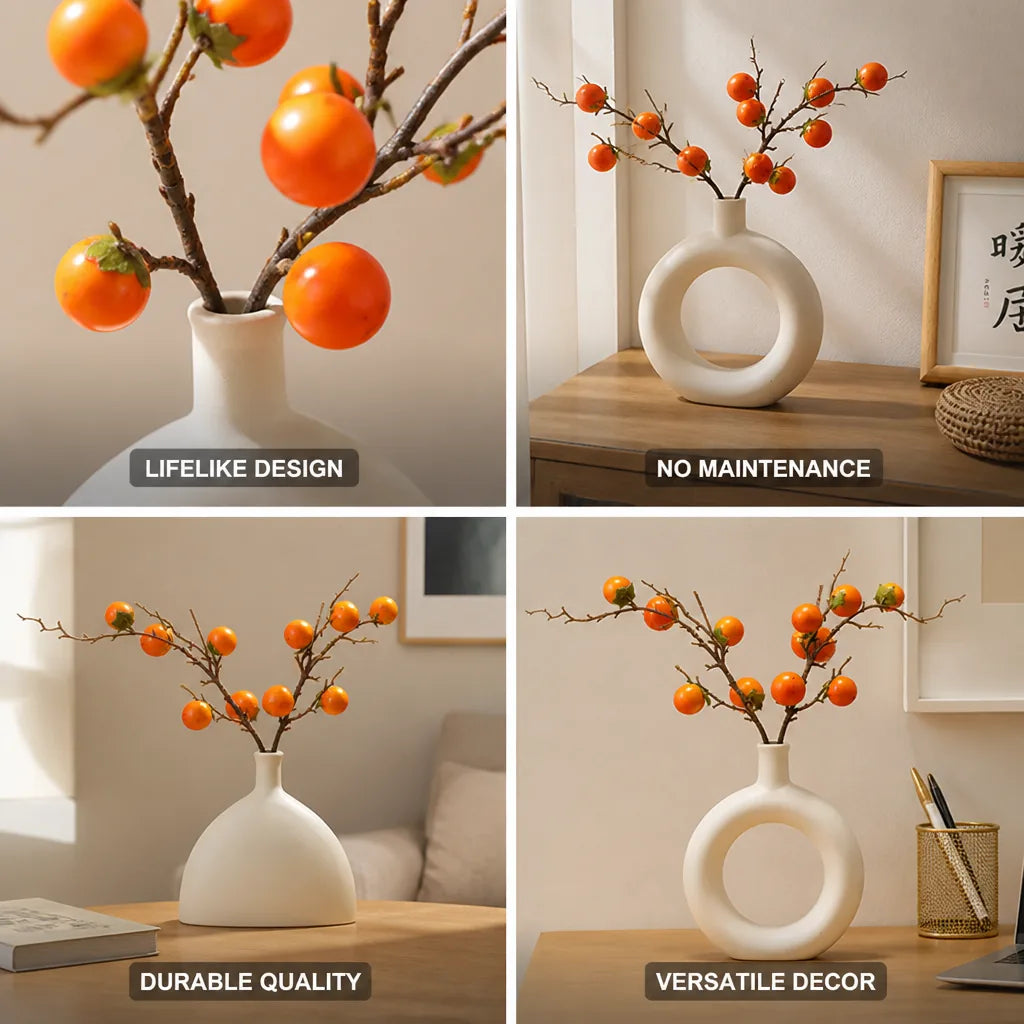 Fruit Branch Arrangement Lifelike Orange Accents Glass Vase