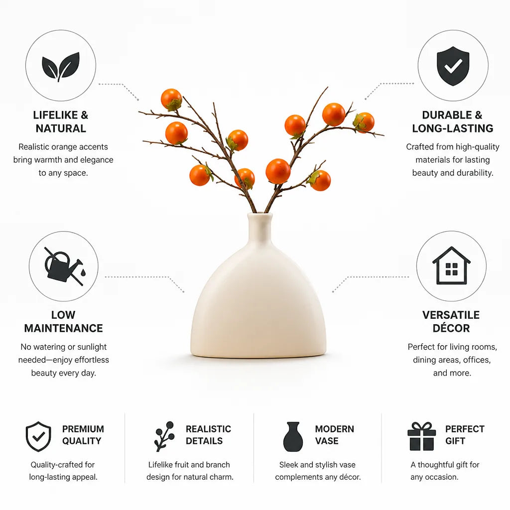Fruit Branch Arrangement Lifelike Orange Accents Glass Vase