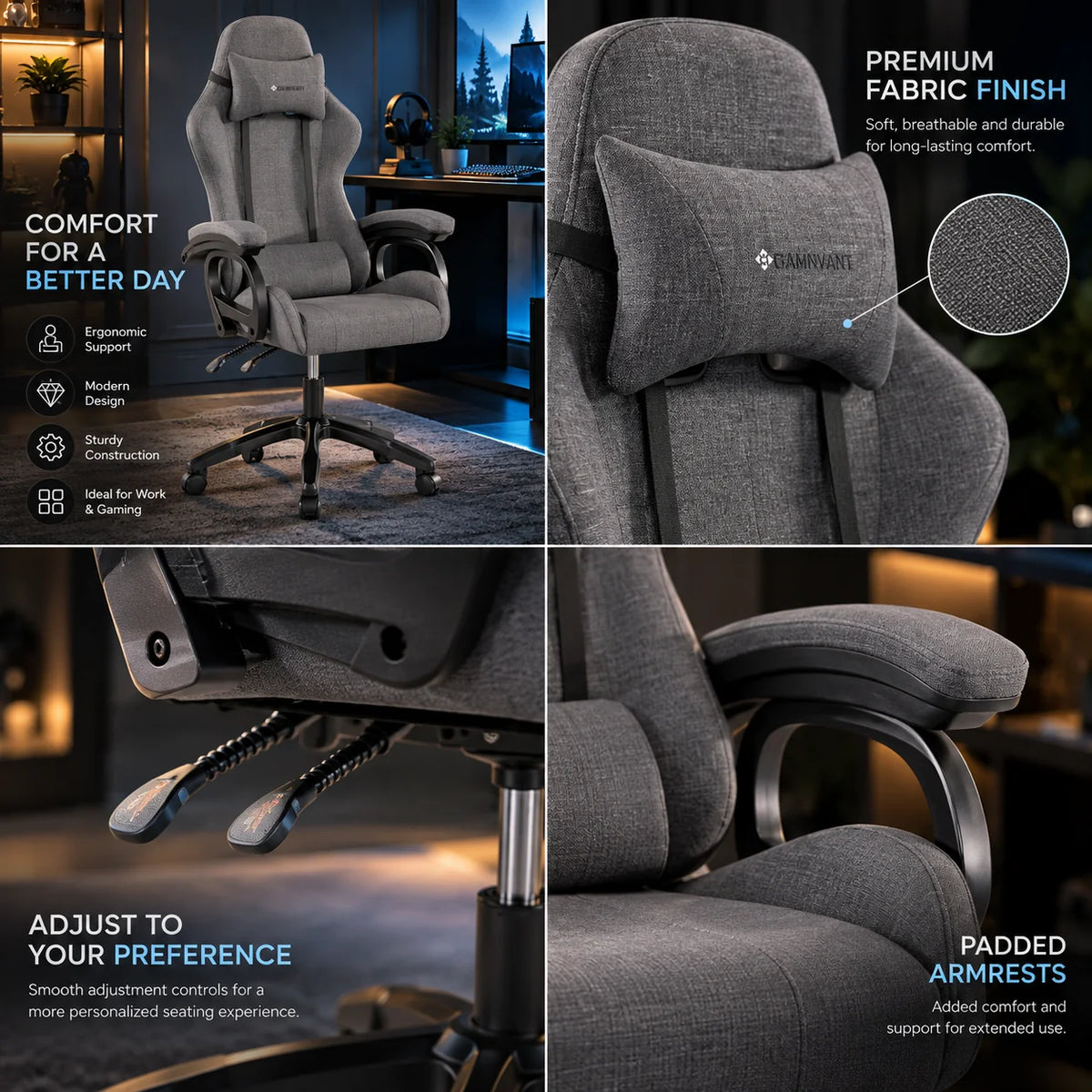Gaming Chair Height Adjustable Lumbar & Neck Pillows