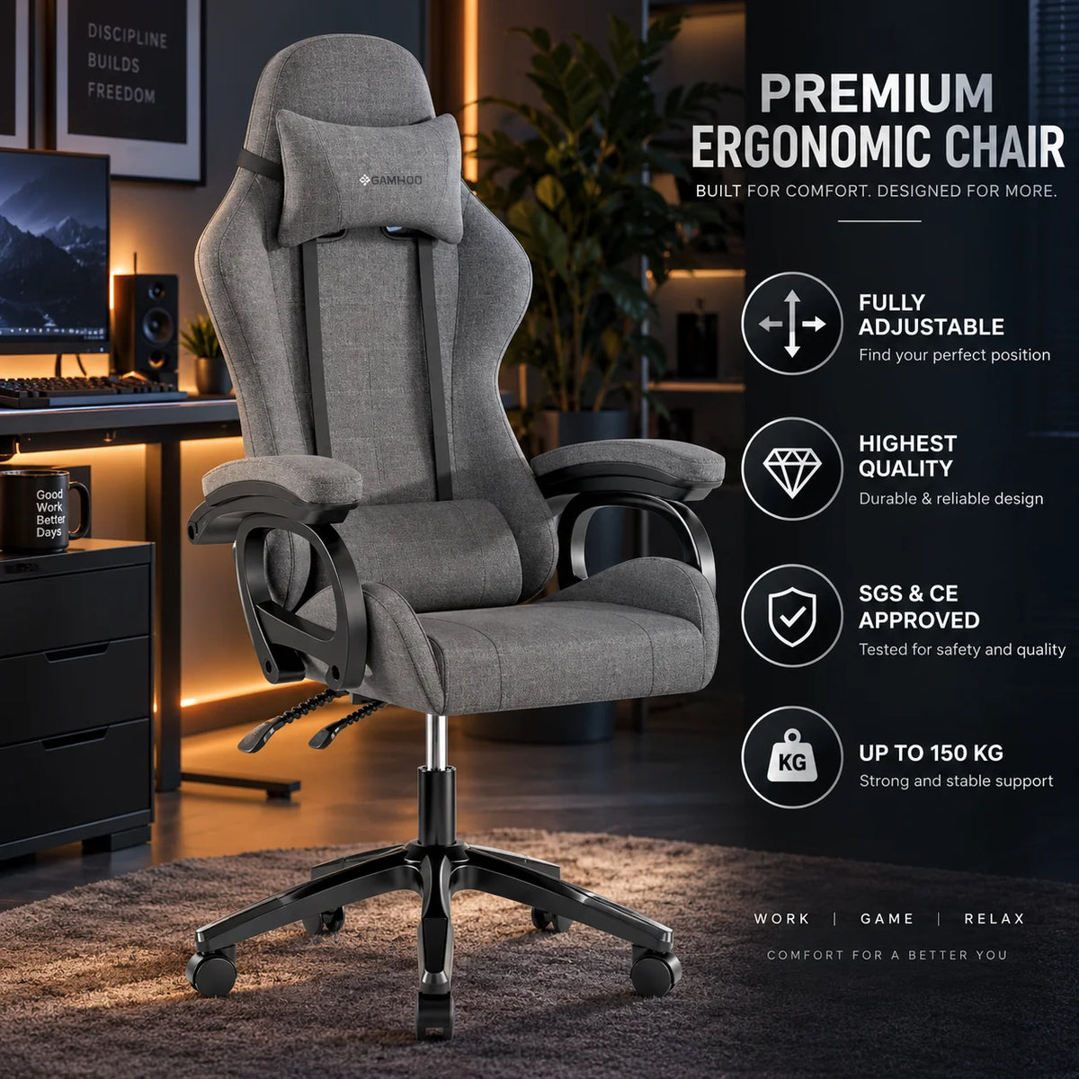Gaming Chair Height Adjustable Lumbar & Neck Pillows