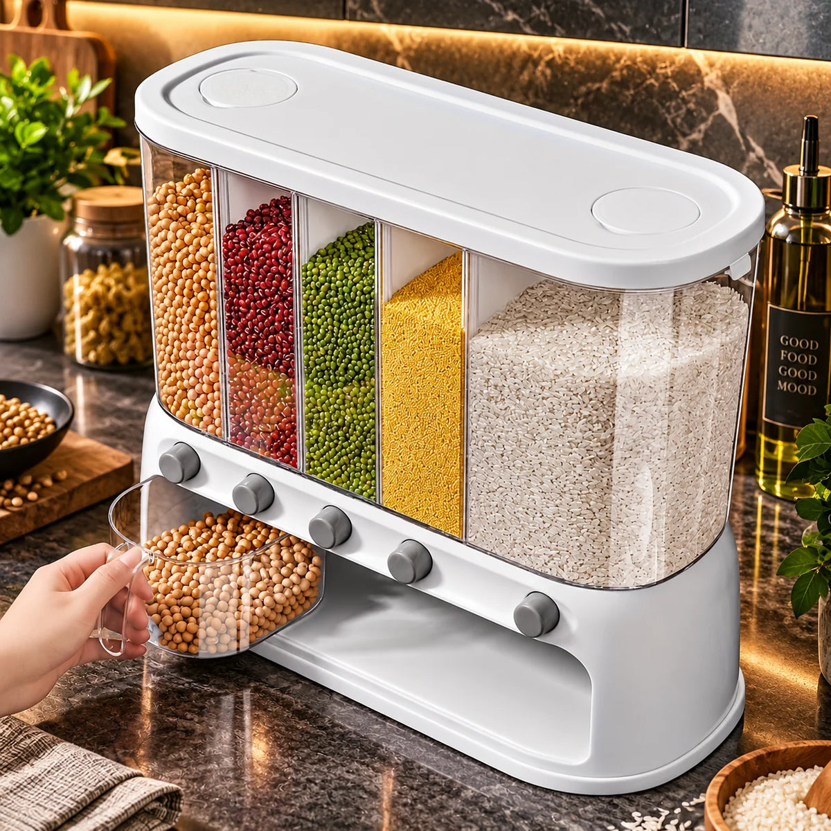 Grain Dispenser 5 Compartments Push-Button Dispensing