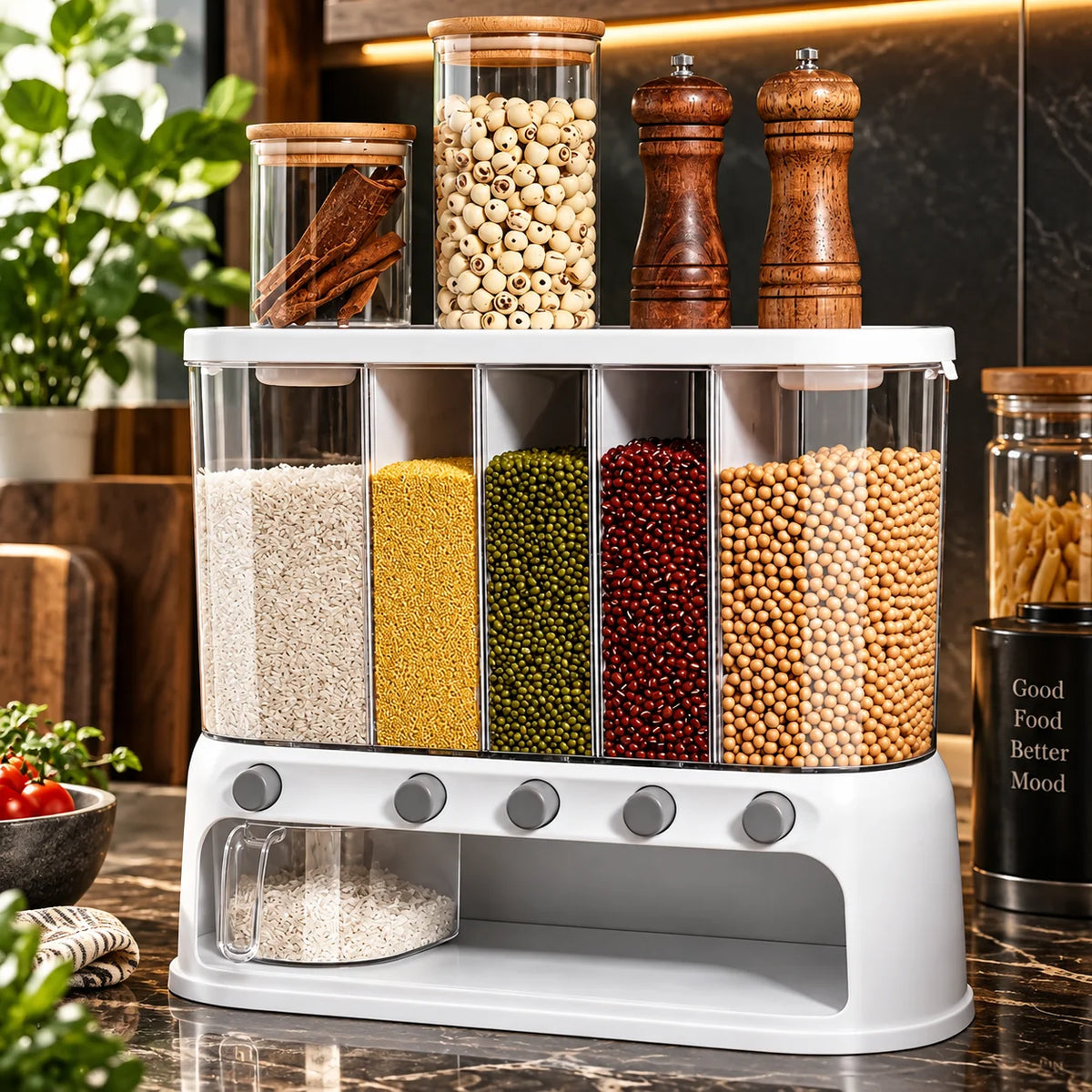 Grain Dispenser 5 Compartments Push-Button Dispensing