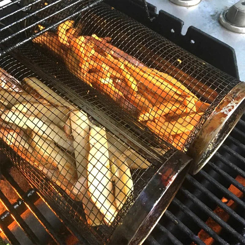 Grill Basket Rotating Stainless Steel Secure Latch