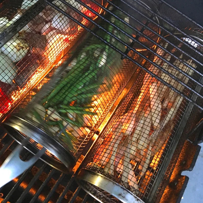 Grill Basket Rotating Stainless Steel Secure Latch