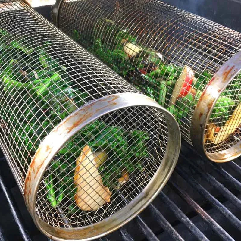 Grill Basket Rotating Stainless Steel Secure Latch