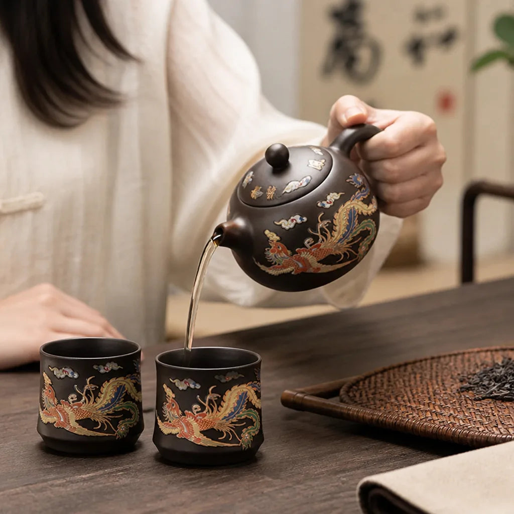 Hand-Carved Dragon & Phoenix Purple Clay Teapot