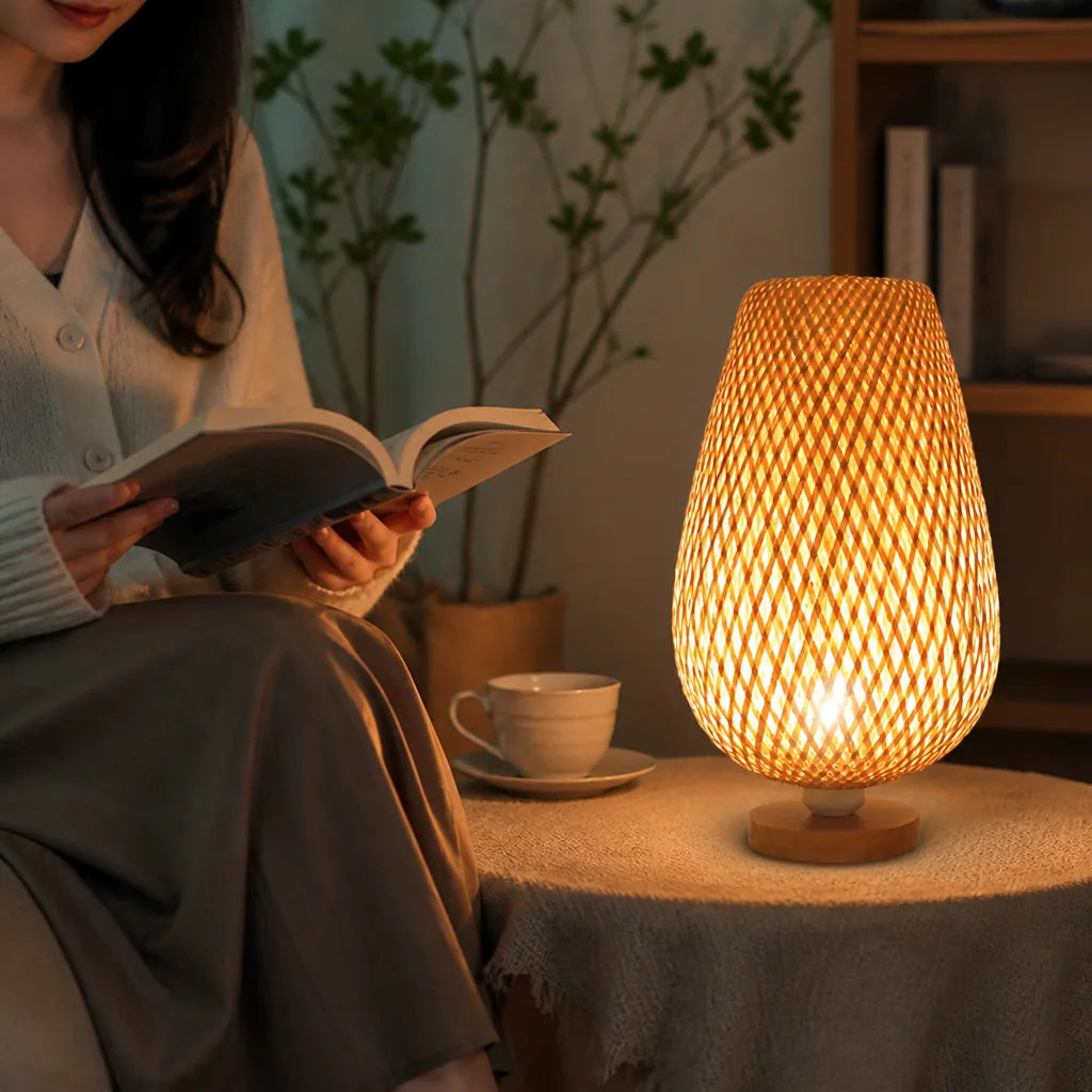 Handmade Bamboo and Wood Table Lamp with Woven Shade (E27 Socket)