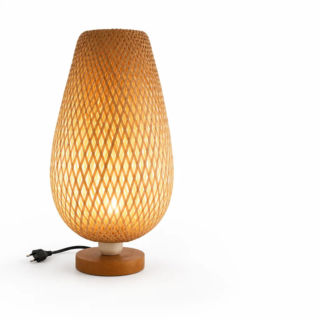 Handmade Bamboo and Wood Table Lamp with Woven Shade (E27 Socket)