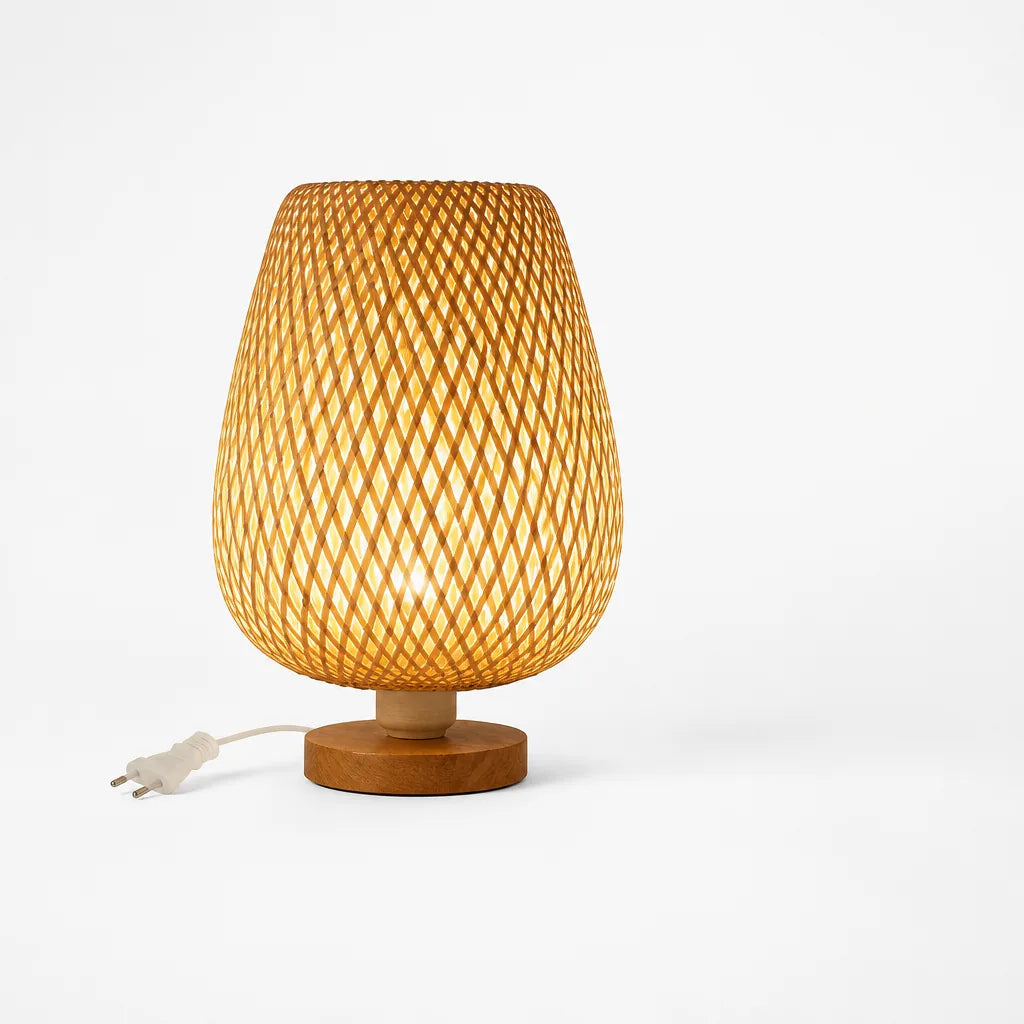 Handmade Bamboo and Wood Table Lamp with Woven Shade (E27 Socket)