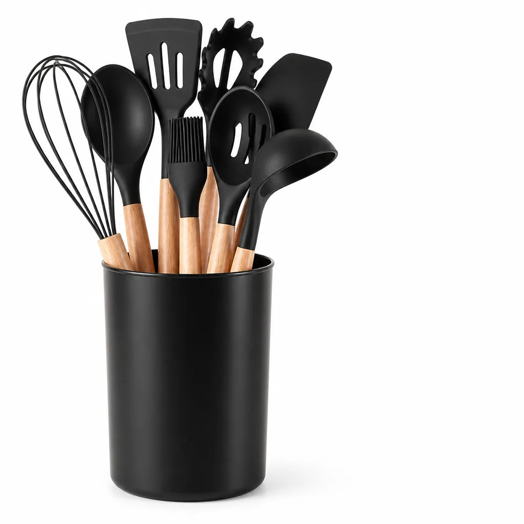 Heat-Resistant, Scratch-Resistant Silicone-Tipped Kitchen Utensil Set with Holder