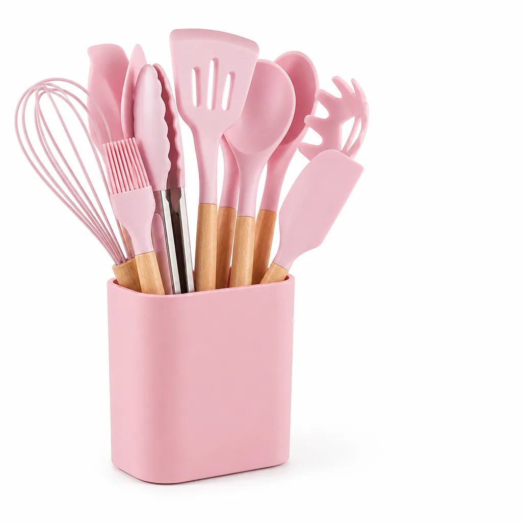Heat-Resistant, Scratch-Resistant Silicone-Tipped Kitchen Utensil Set with Holder
