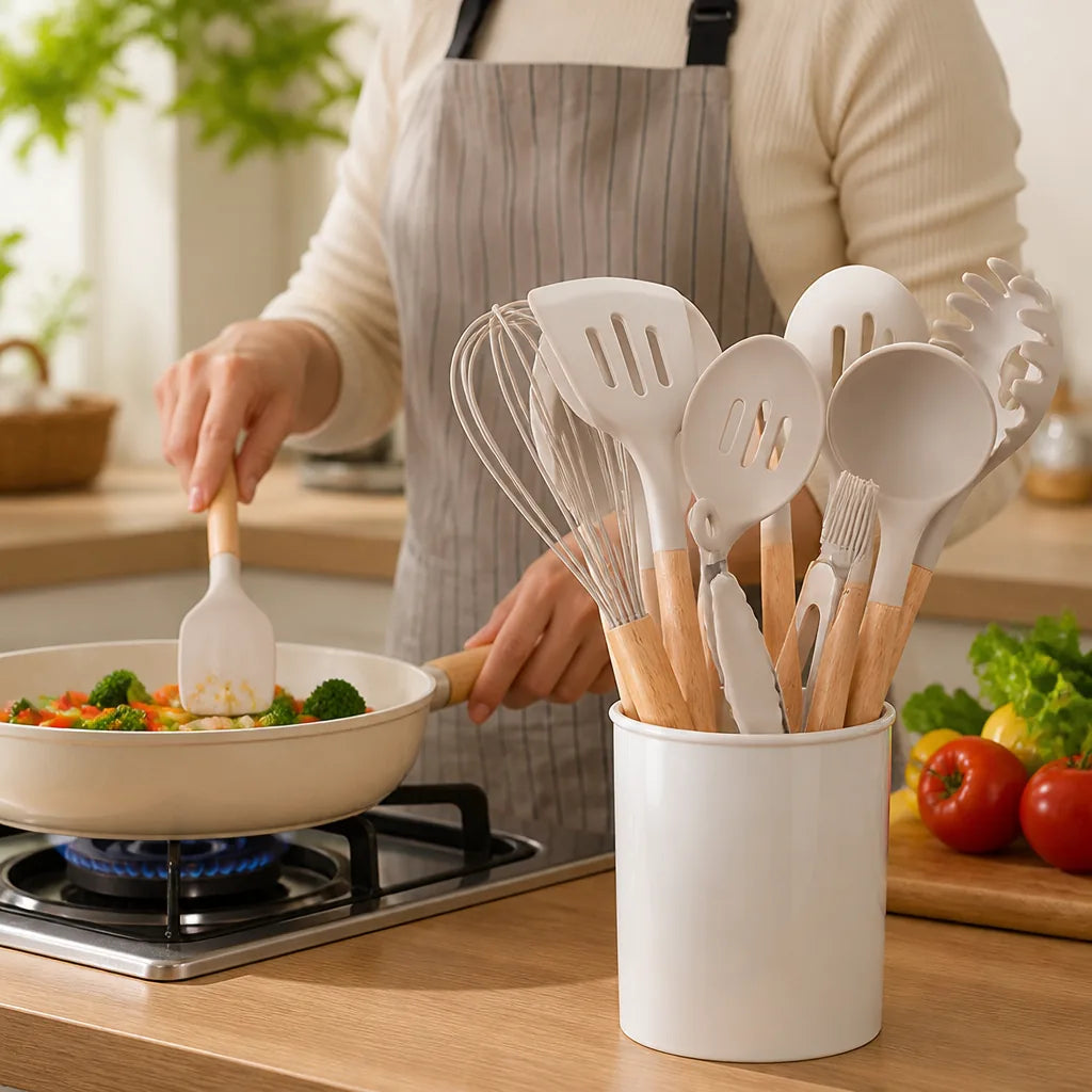 Heat-Resistant, Scratch-Resistant Silicone-Tipped Kitchen Utensil Set with Holder