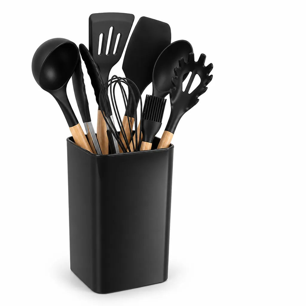 Heat-Resistant, Scratch-Resistant Silicone-Tipped Kitchen Utensil Set with Holder