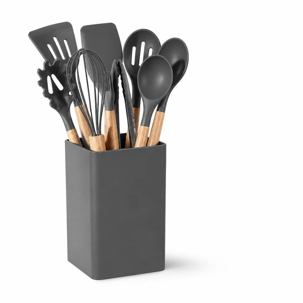 Heat-Resistant, Scratch-Resistant Silicone-Tipped Kitchen Utensil Set with Holder