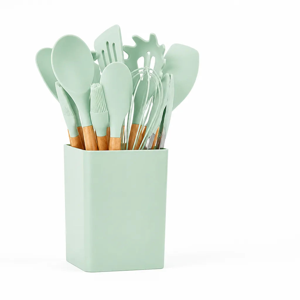 Heat-Resistant, Scratch-Resistant Silicone-Tipped Kitchen Utensil Set with Holder