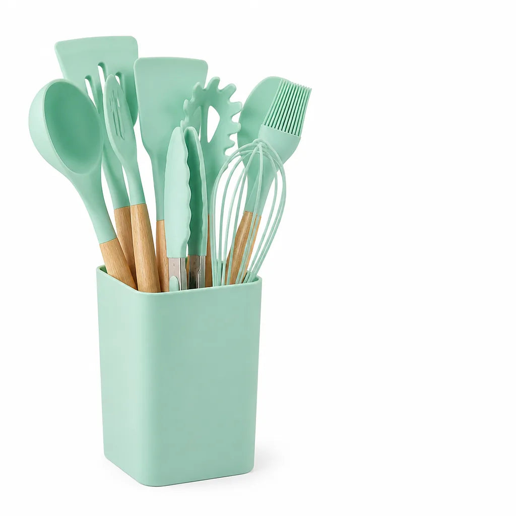 Heat-Resistant, Scratch-Resistant Silicone-Tipped Kitchen Utensil Set with Holder