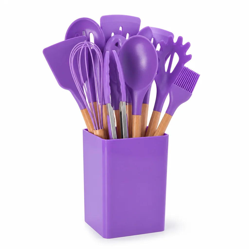 Heat-Resistant, Scratch-Resistant Silicone-Tipped Kitchen Utensil Set with Holder