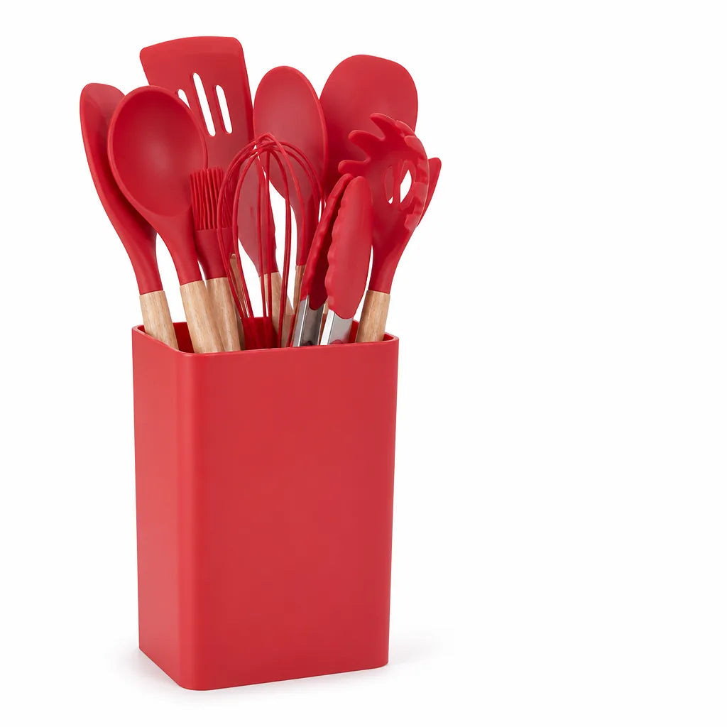 Heat-Resistant, Scratch-Resistant Silicone-Tipped Kitchen Utensil Set with Holder