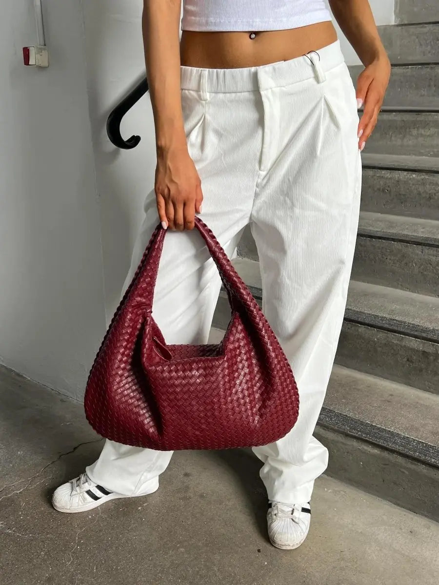 Hobo Bag Braided Genuine Leather Zipper & Padded Strap