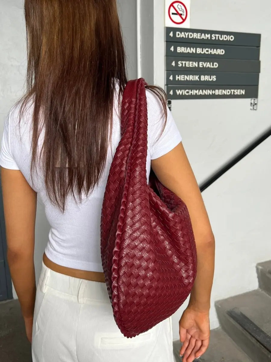 Hobo Bag Braided Genuine Leather Zipper & Padded Strap