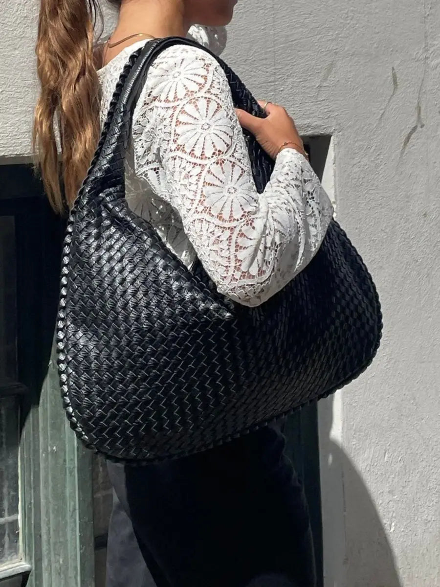 Hobo Bag Braided Genuine Leather Zipper & Padded Strap