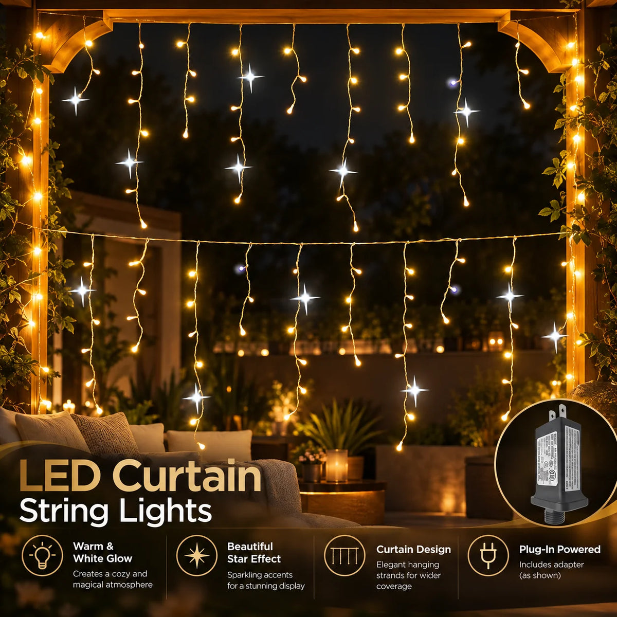 Icicle Curtain Lights Warm White LED Custom Widths Mounting Kit