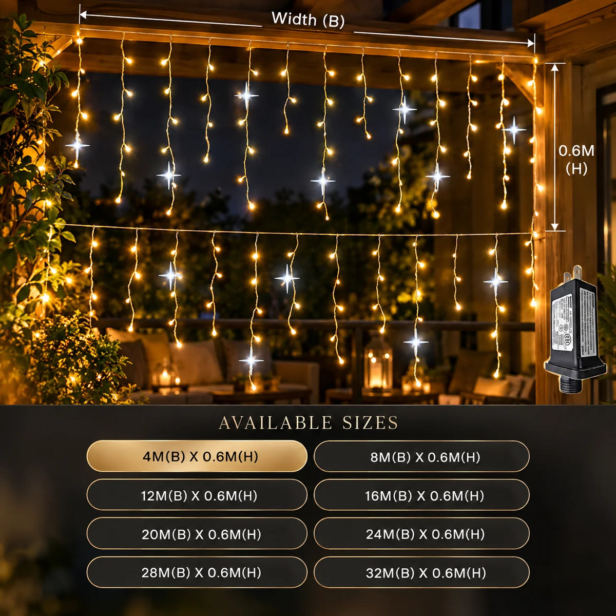 Icicle Curtain Lights Warm White LED Custom Widths Mounting Kit
