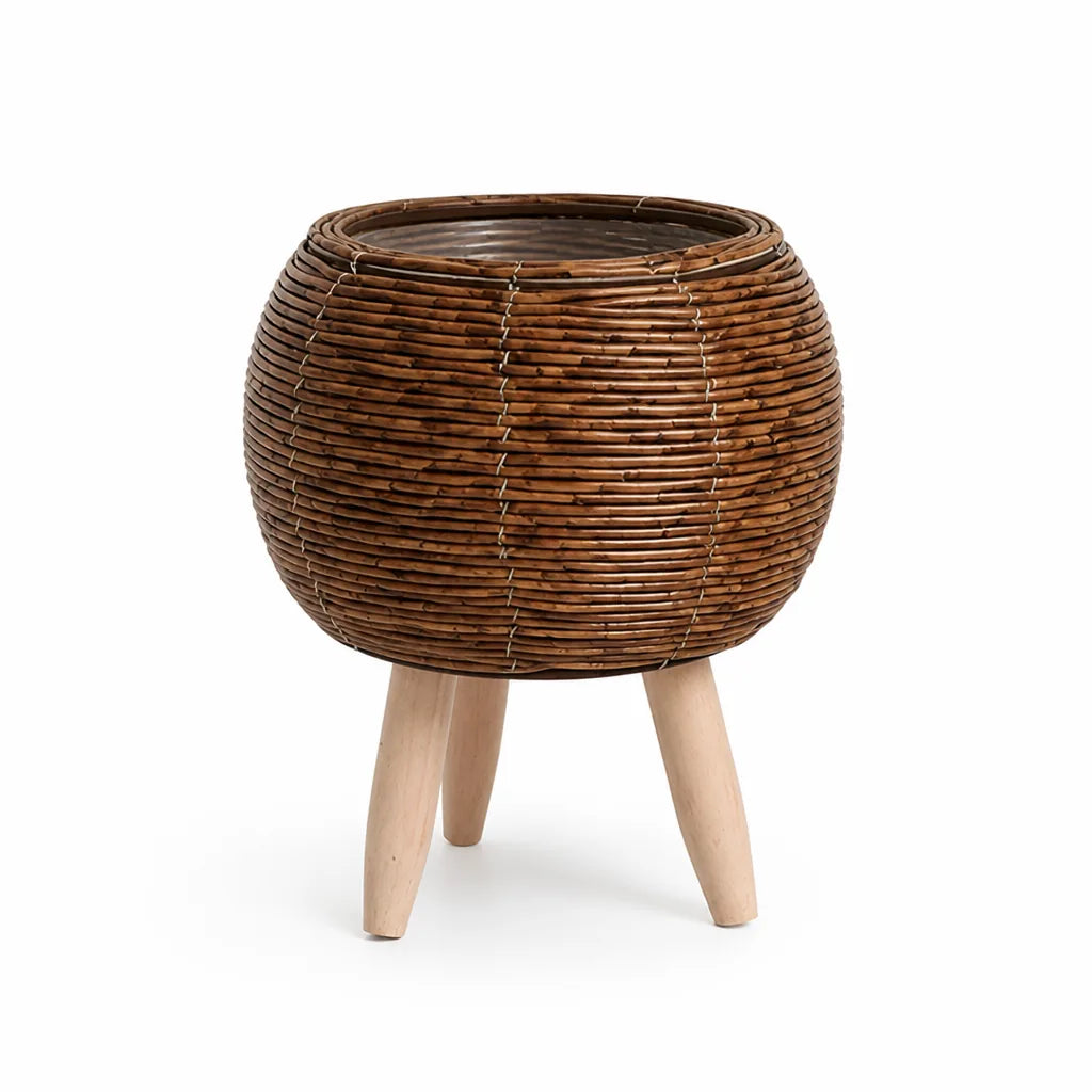 Indoor Rattan-Look Woven Plant Pot With Wooden Feet