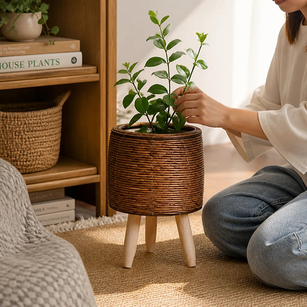 Indoor Rattan-Look Woven Plant Pot With Wooden Feet