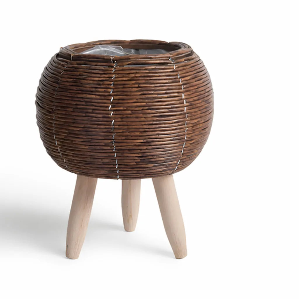 Indoor Rattan-Look Woven Plant Pot With Wooden Feet