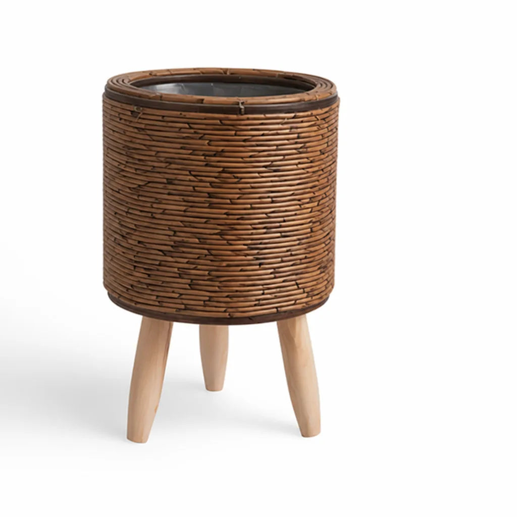 Indoor Rattan-Look Woven Plant Pot With Wooden Feet