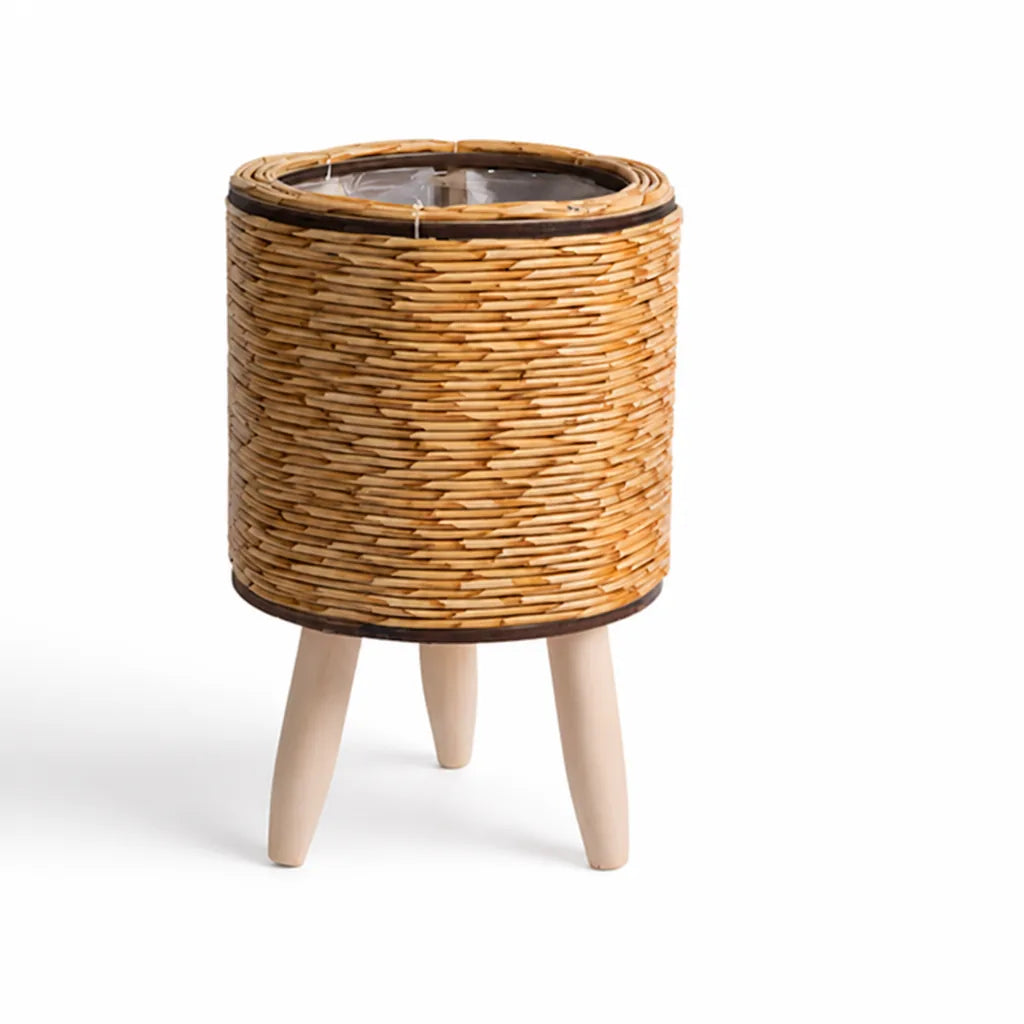 Indoor Rattan-Look Woven Plant Pot With Wooden Feet