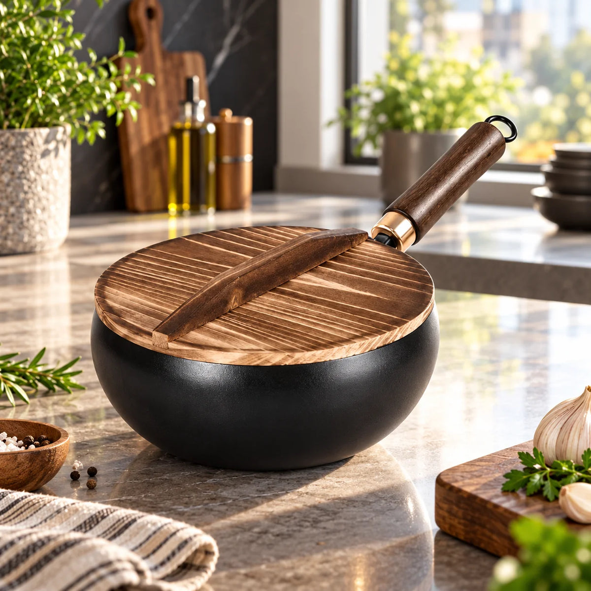 Iron Wok Uncoated Deep Walls Wooden Handle