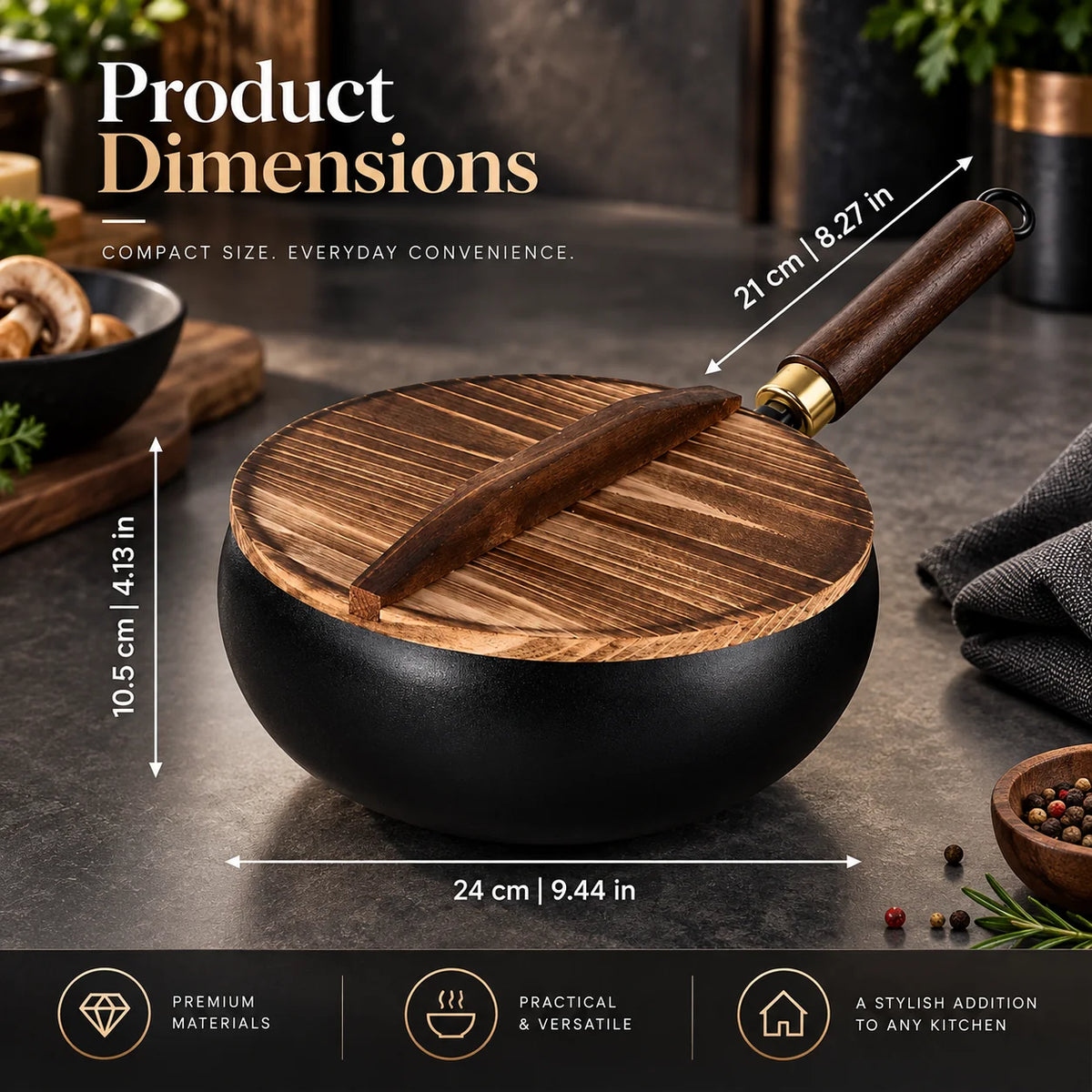 Iron Wok Uncoated Deep Walls Wooden Handle