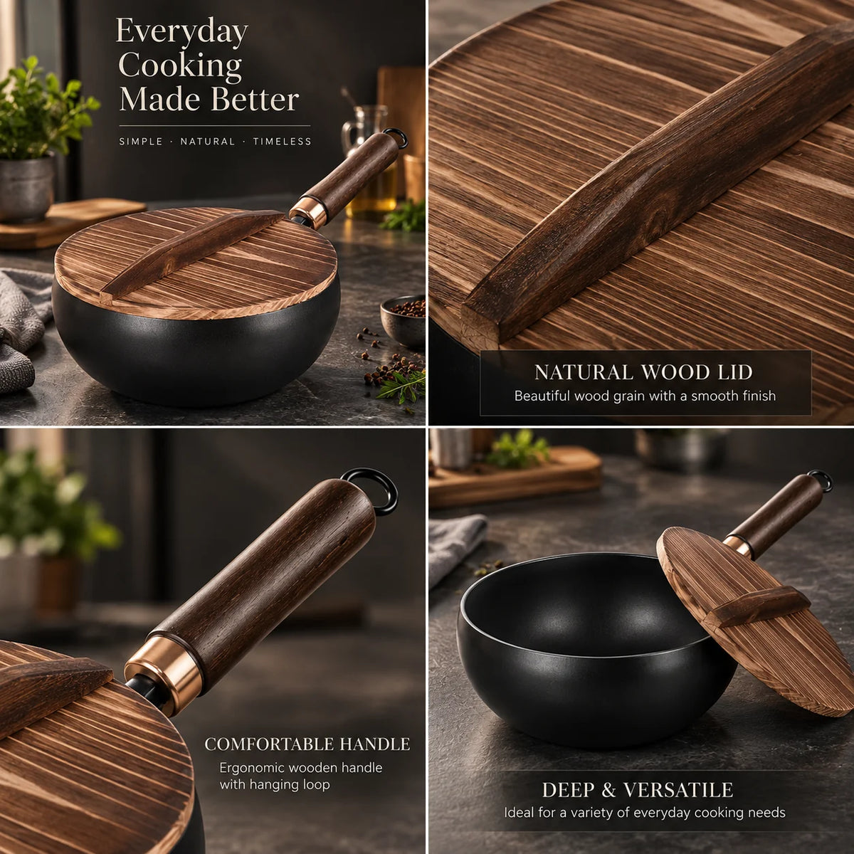 Iron Wok Uncoated Deep Walls Wooden Handle