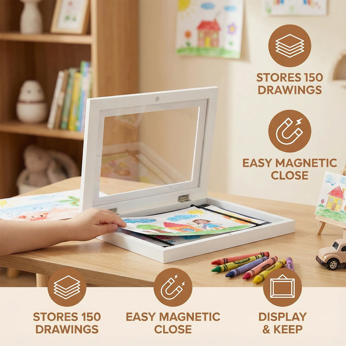 Kids Drawing Frame Flip-Open 150-Drawing Capacity Wall-Mountable