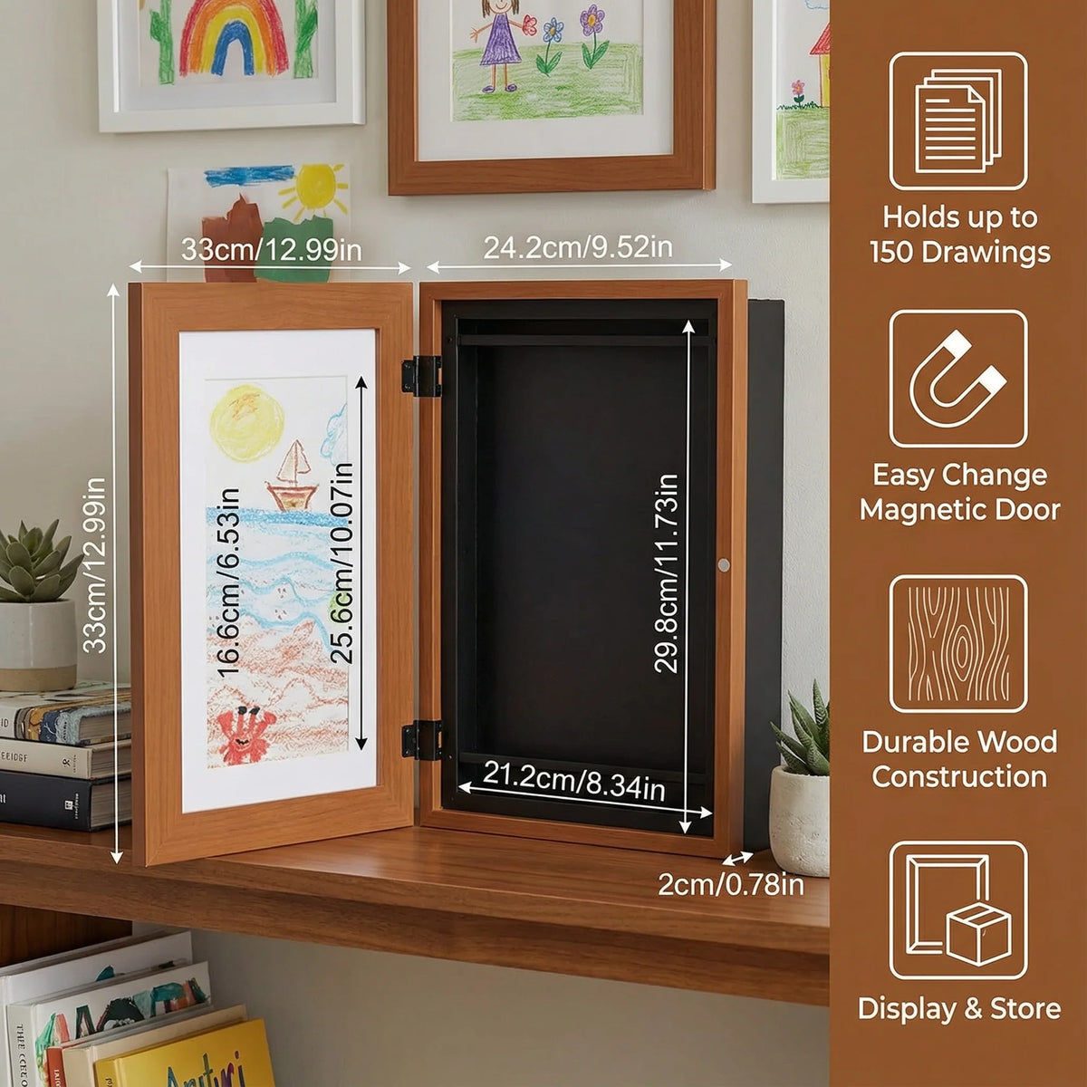 Kids Drawing Frame Flip-Open 150-Drawing Capacity Wall-Mountable