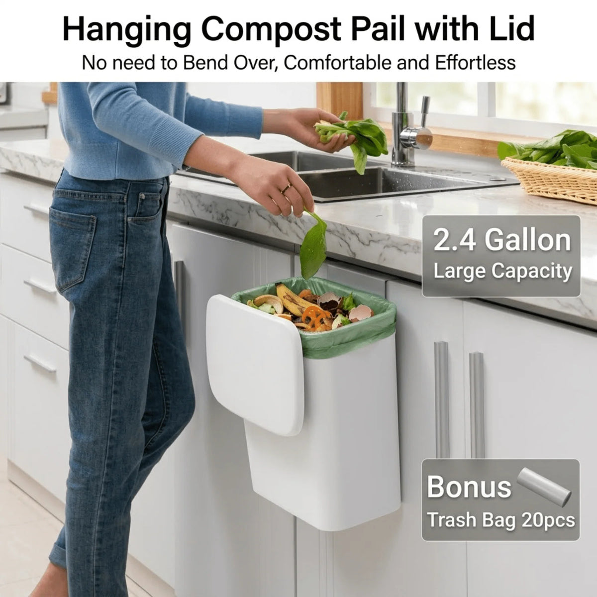 Kitchen Compost Bin Countertop & Wall-Mount Odor-Sealing Lid