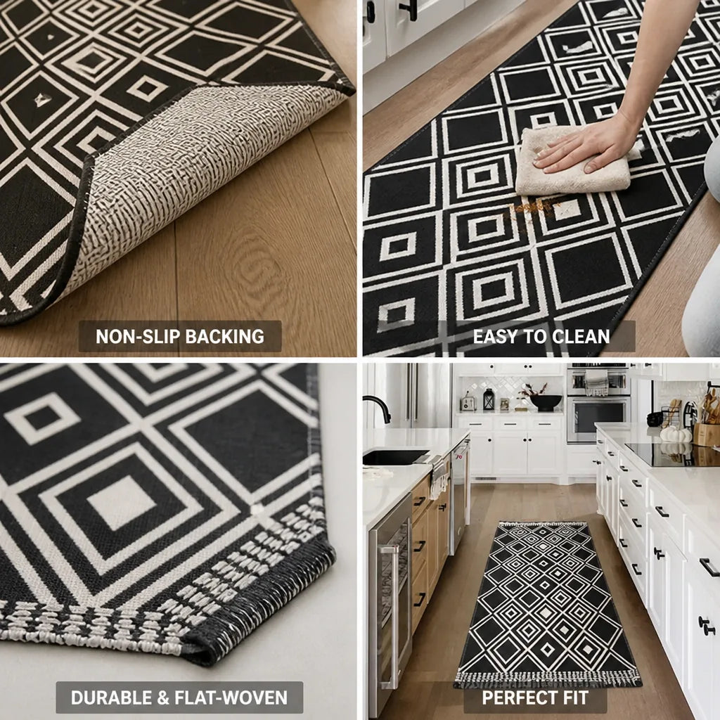 Kitchen Runner Flat-Woven Cotton Blend Non-Slip Backing