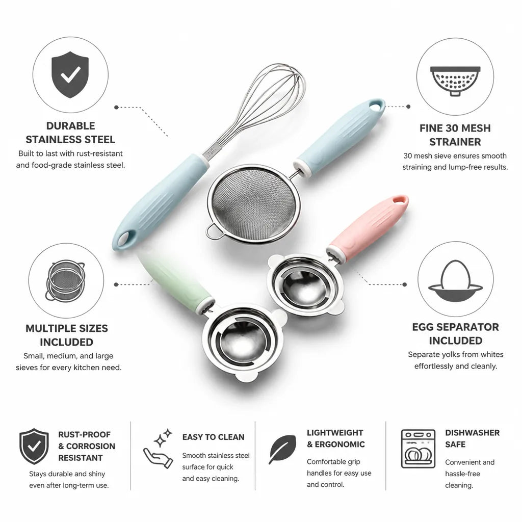 Kitchen Strainer Set Stainless Steel 30 Mesh & Egg Separator