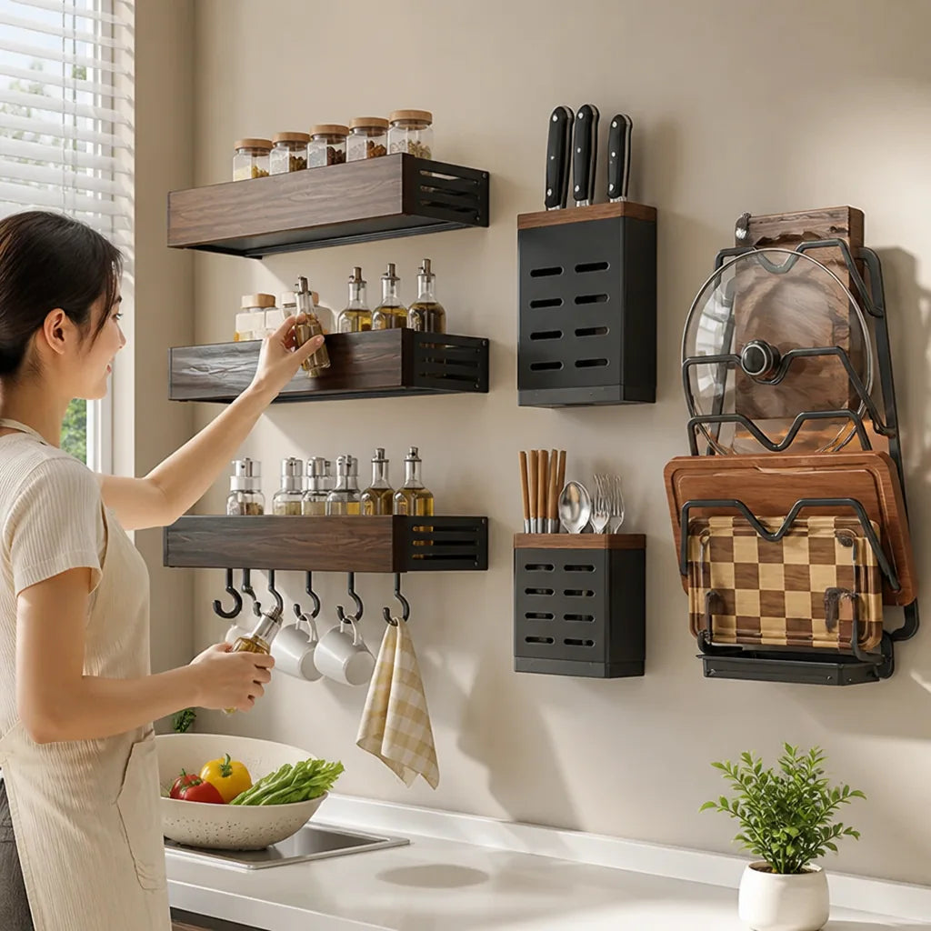 Kitchen Wall Shelf No-Drill Adhesive & Modular Walnut Finish