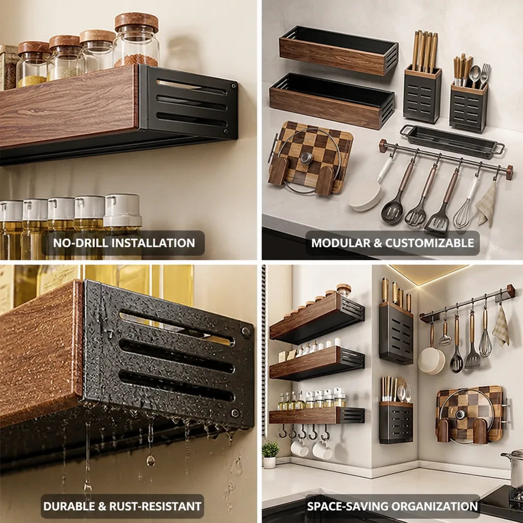 Kitchen Wall Shelf No-Drill Adhesive & Modular Walnut Finish