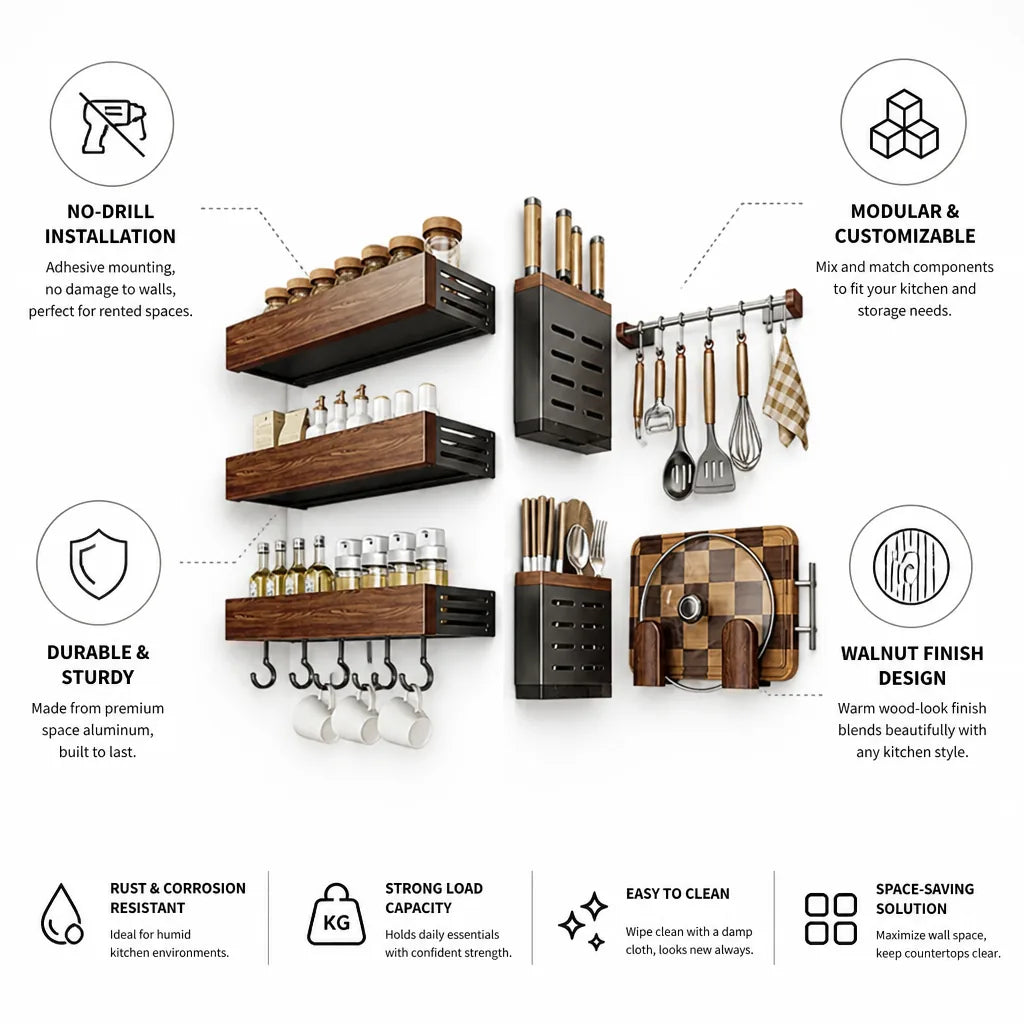 Kitchen Wall Shelf No-Drill Adhesive & Modular Walnut Finish