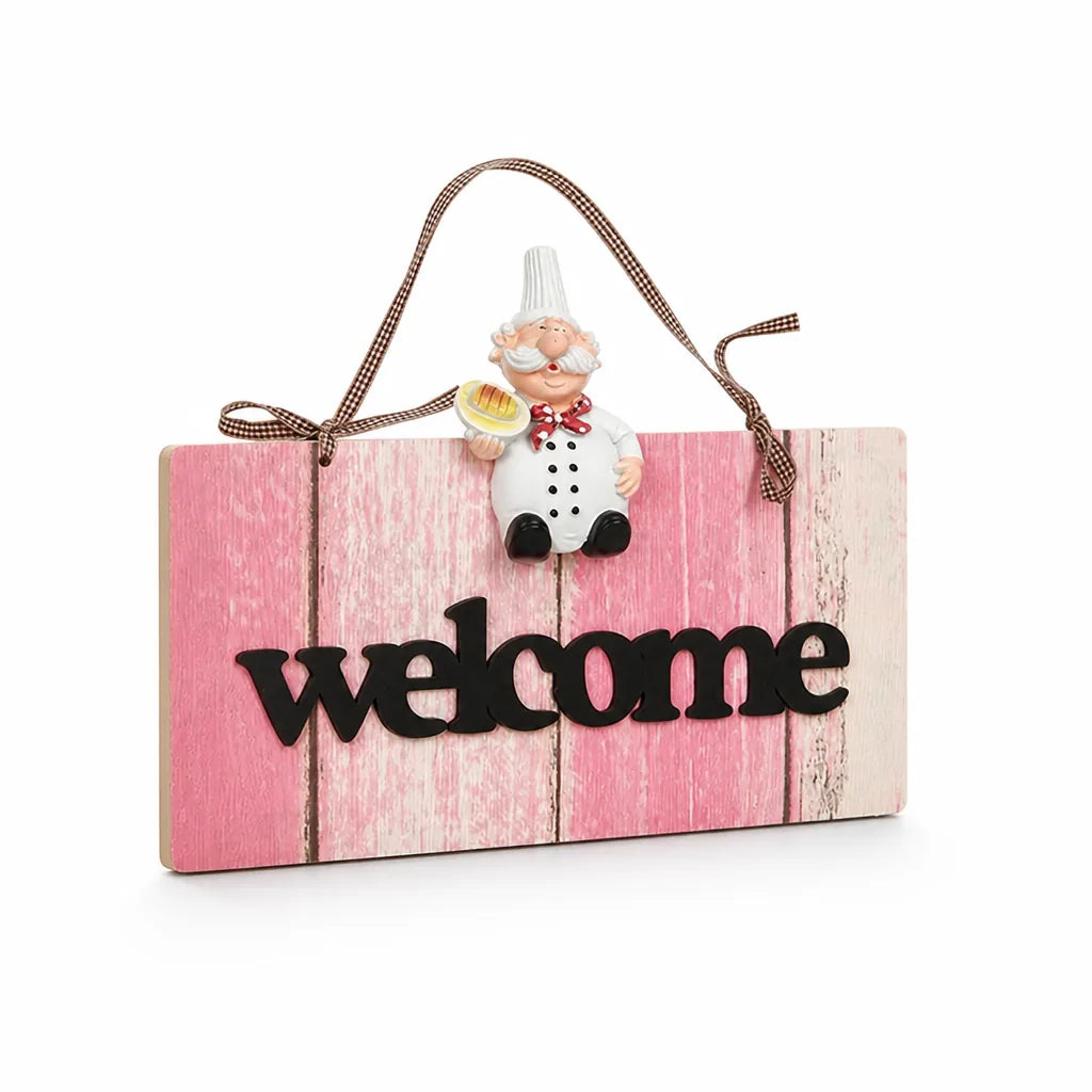 Kitchen Welcome Sign Wooden Chef-Themed Ready To Hang
