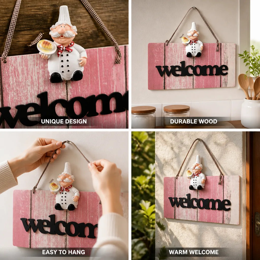 Kitchen Welcome Sign Wooden Chef-Themed Ready To Hang