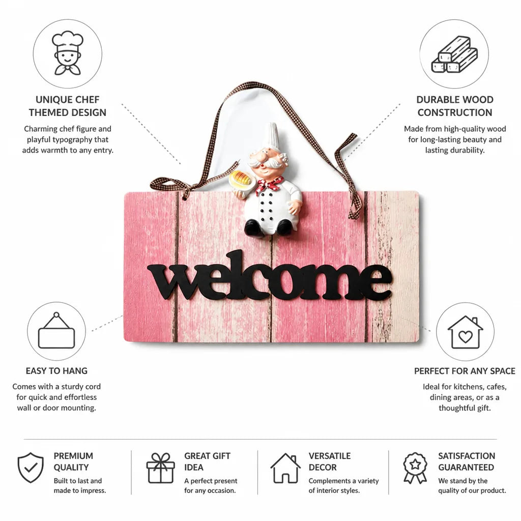 Kitchen Welcome Sign Wooden Chef-Themed Ready To Hang