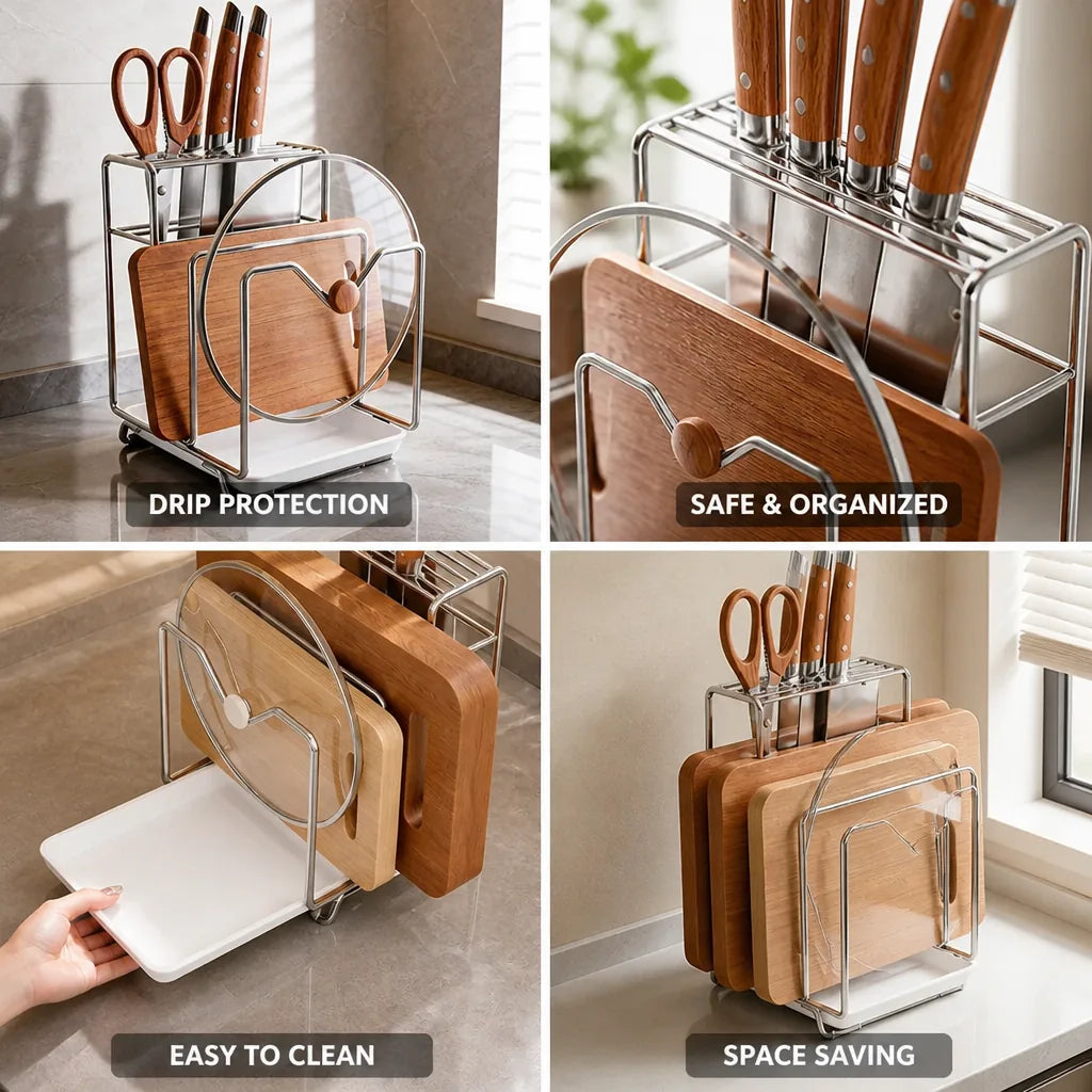 Knife Block Stainless Steel Drip Tray & Board Holder