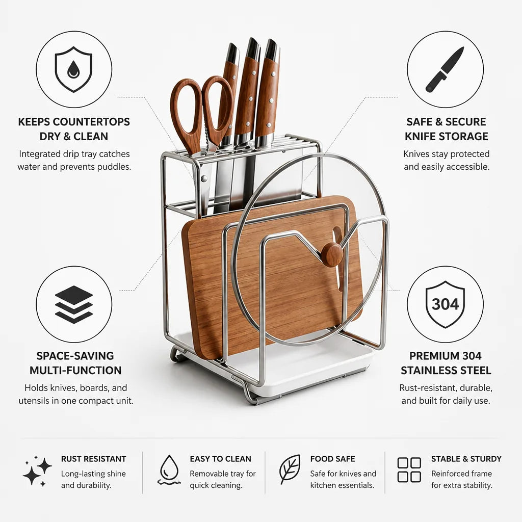 Knife Block Stainless Steel Drip Tray & Board Holder