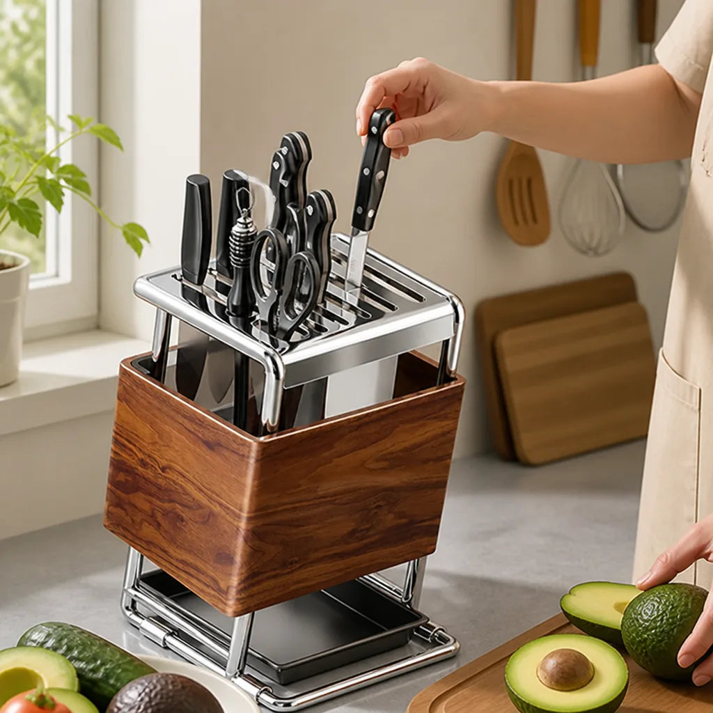 Knife Block Wood-Look Rotating Base & Cutting Board Slot